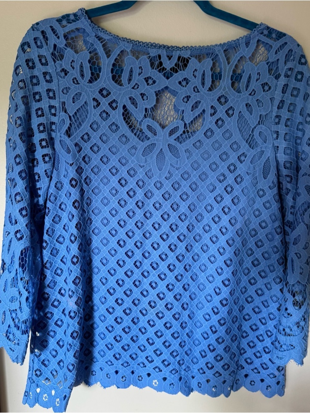 Rafaela Blue Lace Crochet Women's Top. Lined 3/4 sleeves Lightweight